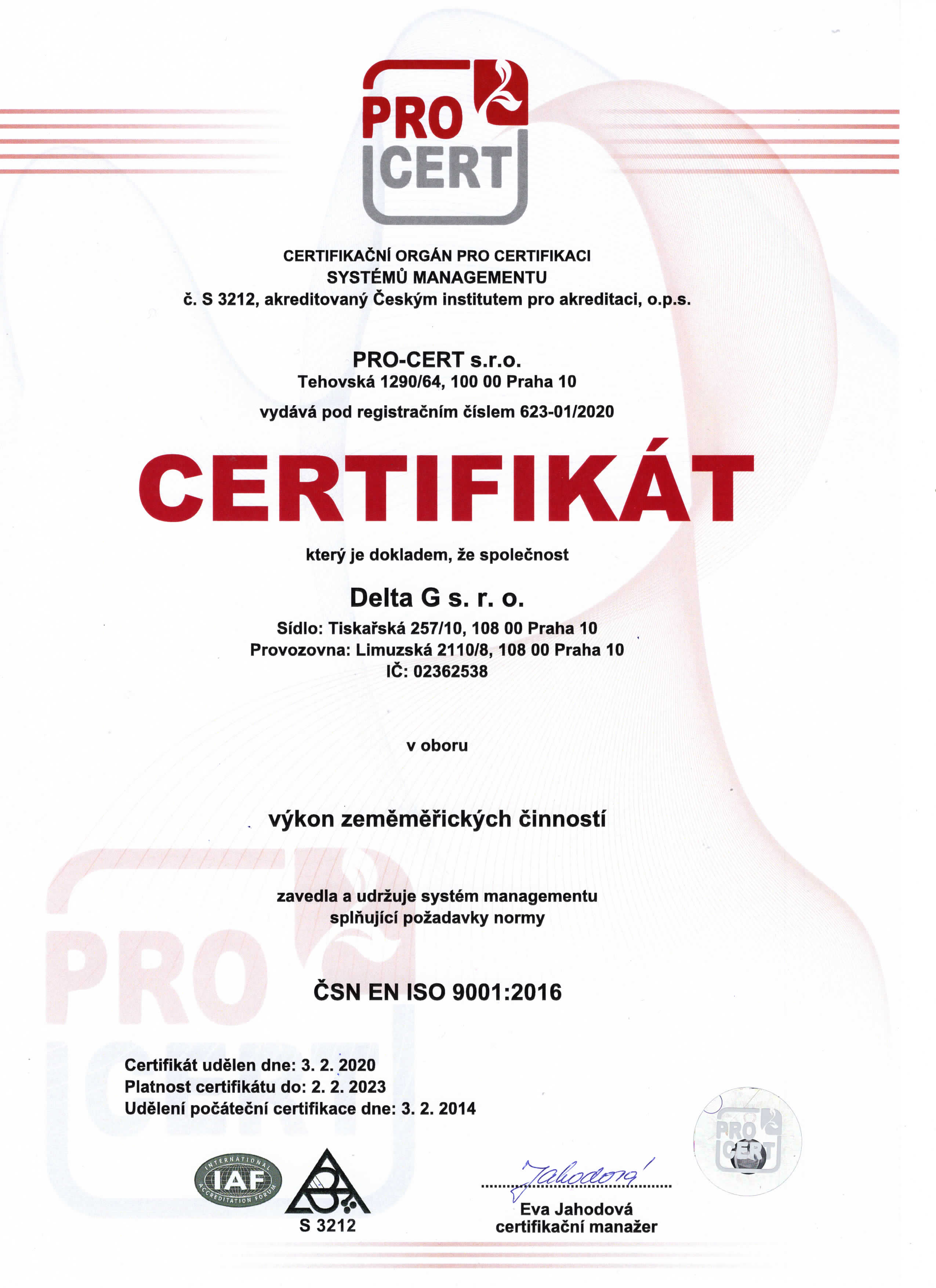 Certifikát systému jakosti dle ČSN EN ISO 9001:2001